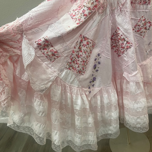 Pink Upcycled Boho Shabby Chic High Low Dress with Ruffles & Appliqués, Size M - Picture 13 of 13